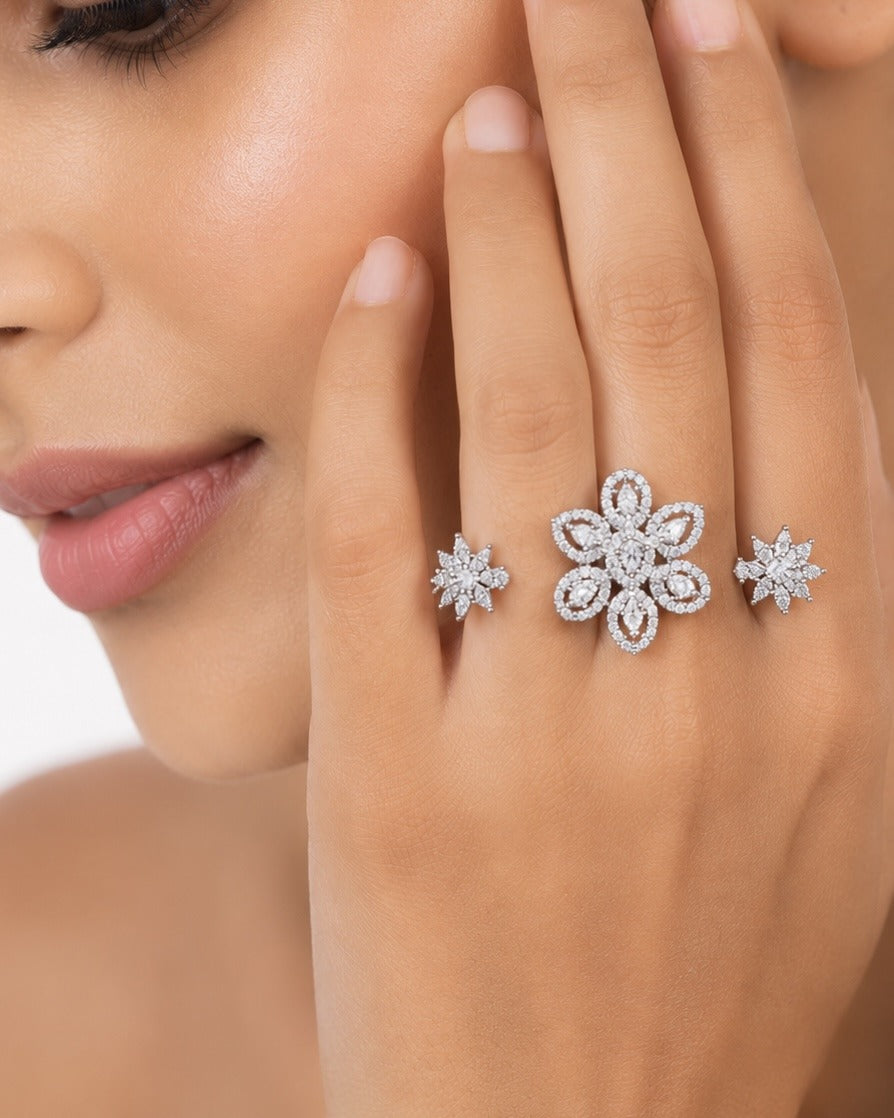 Star Blossom Multi-Finger Silver Ring - Zari and Zevar