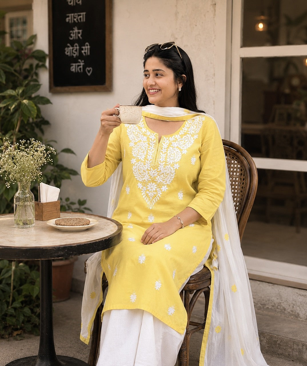 Sunshine Chikankari Kurti Set - Zari and Zevar