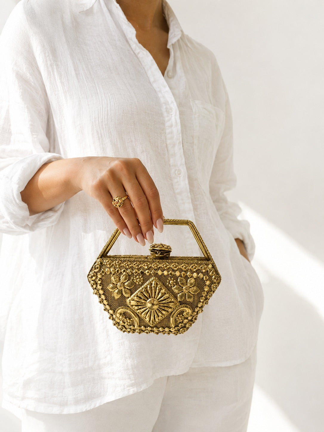 Vintage Antique Brass Carved Minaudière Clutch - Zari and Zevar