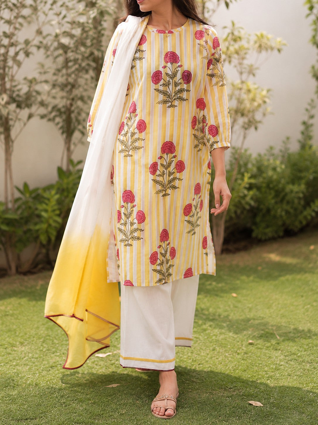 Yellow Striped Kurti Set - Zari and Zevar