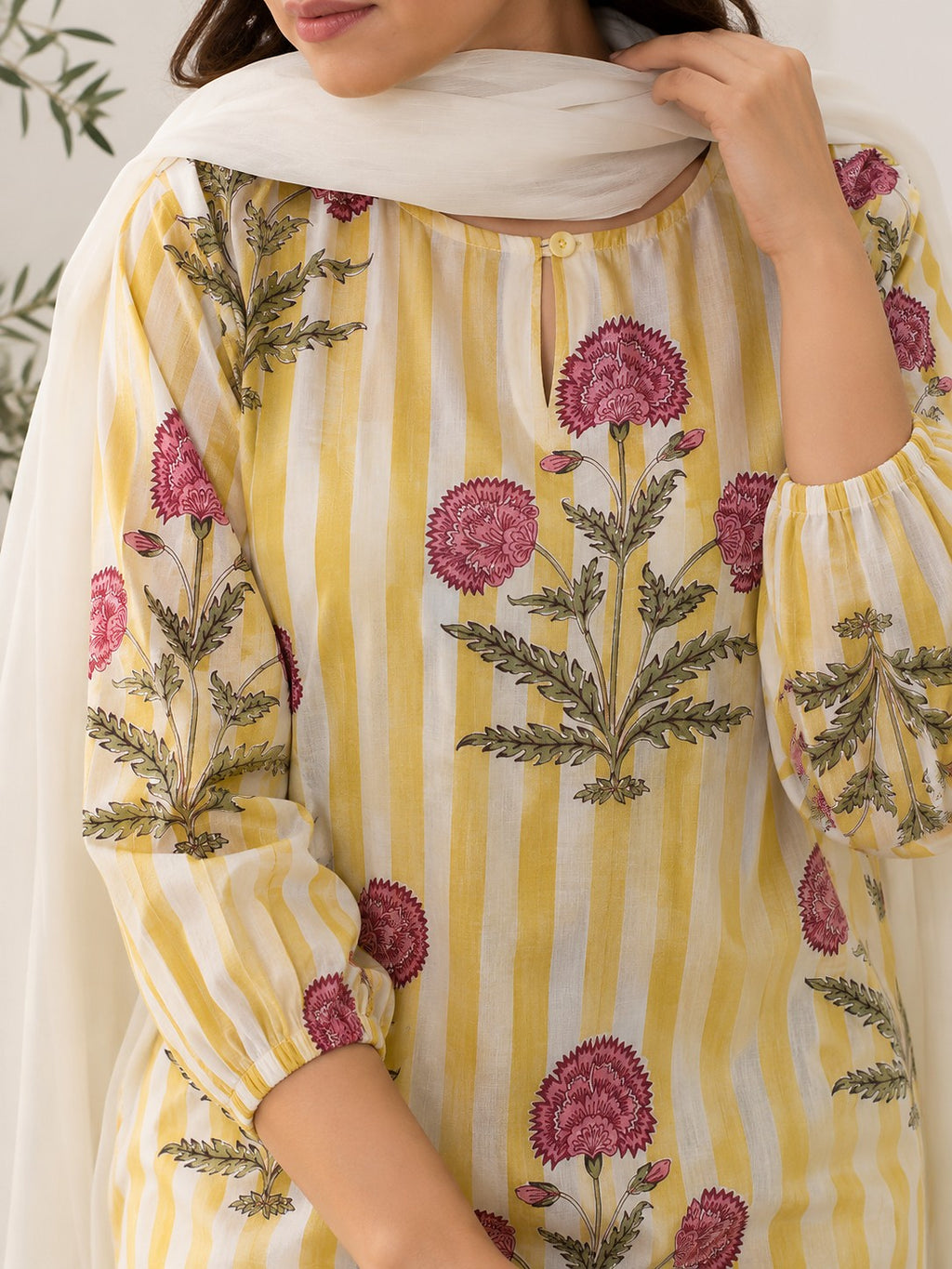 Yellow Striped Kurti Set - Zari and Zevar