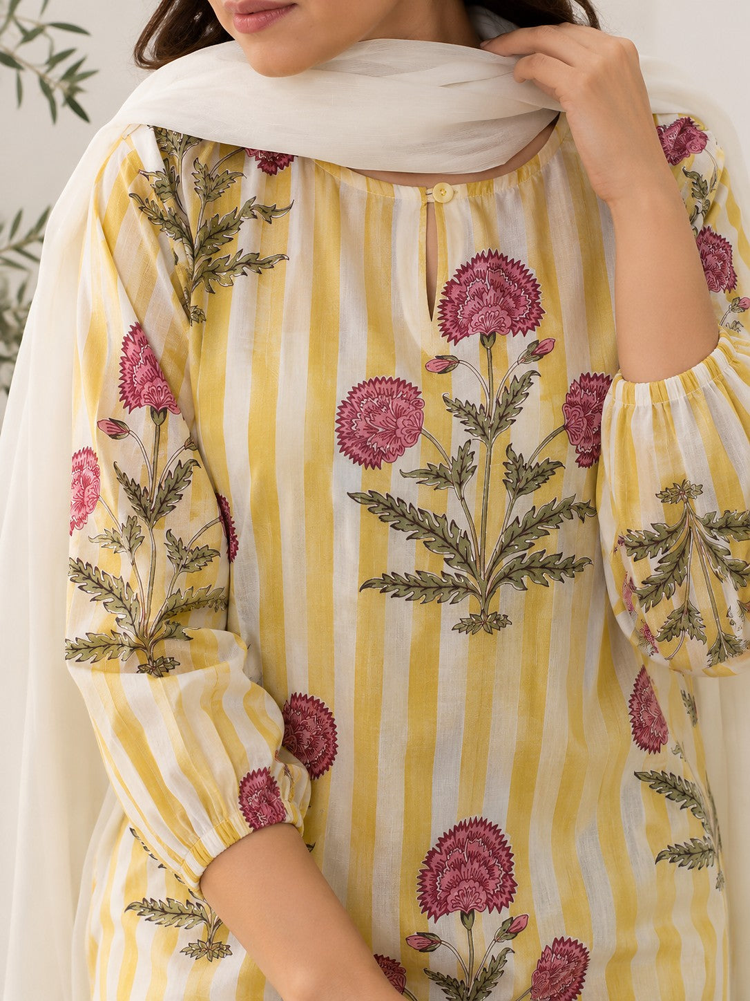 Yellow Striped Kurti Set - Zari and Zevar