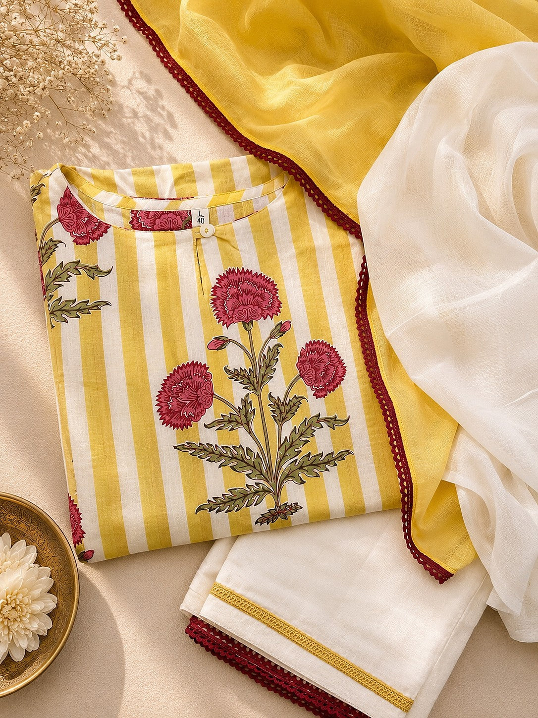 Yellow Striped Kurti Set - Zari and Zevar